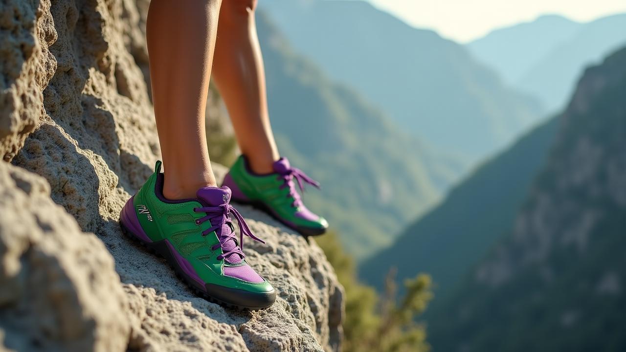 Vrouwelijke klimmer met precisie klimschoenen op een rotswand