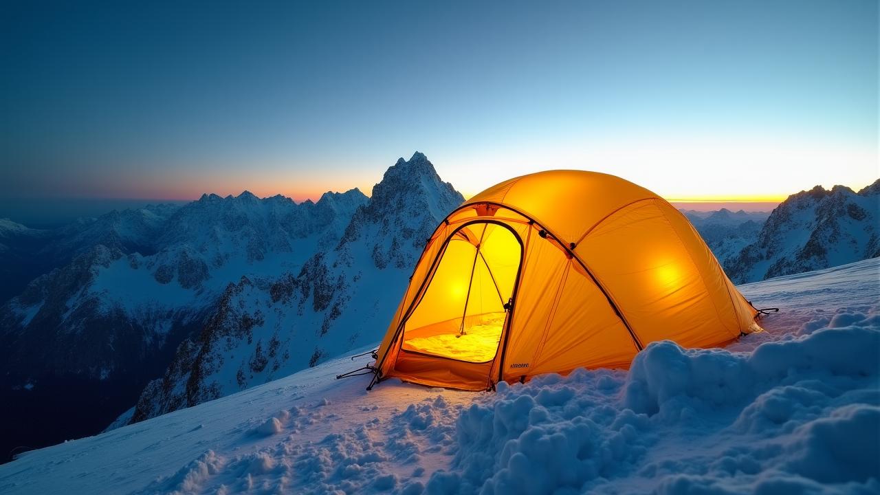 Expeditietent op een besneeuwde bergkam tijdens zonsondergang